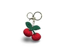 Crochet Cherry Keychain, Red and Green, Handmade Fruit Charm, Bag Accessory with Metal Clasp