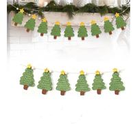 Crochet Christmas Tree Garland, Handmade Xmas Banner Christmas Tree Wooden Beads Farmhouse Hanging Decor, Knitted Green ChristmasTree Ornaments, for Mantel Fireplace Home Room Wall Window Door Giftc