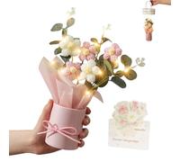 Crochet Daisy Flowers Bouquet with Light & Flower Greeting Card & Bag Handmade Knitted Flowers for Birthday Anniversary Wedding Home Decor Teacher’s Day Mother Valentine Grandma Gift (Pink&White)