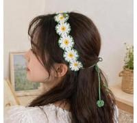 Crochet Daisy Headband, White and Green Floral Hair Accessory, Boho Style with Tassel Tie