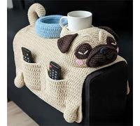 Crochet Dog Sofa Organizer,Cute Dogs-Shaped Handmade Knit Armrest Caddy,Animal Weaving Non-Slip Storage Holder Decorate with 2 Pockets and 1 Mug Holder for Living Room,Bedroom,Dorm (White)