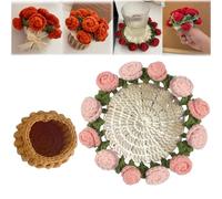 Crochet Flower Bouquet Blanket Coasters, Handmade Knitted Finished Rose Tabletop Potted Flowers,Crochet Rose Romantic Knitted Gift for Girls Mom for Birthday,Anniversary,Valentines,Home Decor,Pink