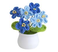 Crochet Flower Bouquet Forget Me Not Knitted Flowers Small Potted Plant Lotus Flower Cute Stuff for Desk Decor No Maintenance Gift for Women Girlfriend Valentine’s Day Home Office Decoration(Blue)