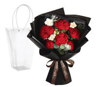 Crochet Flower Bouquet, Handmade Polyester Knit Floral Arrangement with Gift Bag, Artificial Rose with Green Leaves and Ribbons, Gifts for Mother's Day, Valentines Day, Birthday