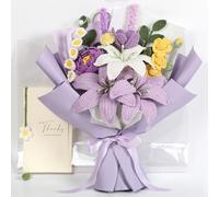 Crochet Flower Bouquet Premium Edition, Handmade Knitted Faux Crochet Flowers for Home Decor Valentine’s Day Anniversary Weddings Birthdays Mother’s Day, Includes Gift Bag and Greeting Card (Lily)