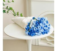 Crochet Flower Bouquet Throw Blanket, Handmade Knitted Blanket with Flowers, Cute Romantic Gift for Her Girlfriend Mom Mother’s Day Valentine Wedding Anniversary Birthday, Blue 60 Inches