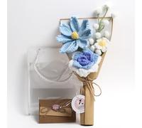 Crochet Flower Bouquet with Greeting Card and Gift Bag, Handmade Artificial Knitted Rose and Tulip in Light Blue, Warm Faux Flowers Bouquet for Mother's Day, Wedding, Birthdays, Valentine's Day