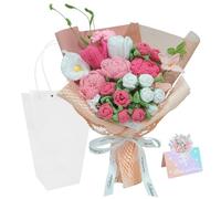 Crochet Flowers Bouquet,Handmade Luxurious Knitted Rose tulips,Artificial Flower Bouquet for Valentines Day,Weddings,Family,Friends,Birthday,Mother’s Day, Graduation Gifts,(with Gift Bag&Card)