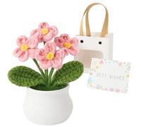 Crochet Flowers Pink Forget-Me-Not Gift Set of 3, Handmade Knitted Flower Bouquet with Gift Bag and Card for Home Office Decor, Thoughtful Present for Women