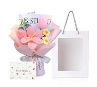 Crochet Flowers with Window Bag and Greeting Card, Pink Tulip Bouquet, Handmade Floral Gift for Weddings Mother’s Day Birthdays, Tulips Artificial Flowers for Home Decor