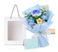 Crochet Flowers with Window Bag and Happy Card, Handmade Crochet Flower Bouquet, Knitted Flowers Bouquet for Wedding Decor, Birthday Gifts, Home Accents, Blue Roses