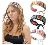 Crochet Headband Women Floral Hairband - 3PCS Daisy Floral Elastic Handmade Crochet Head Wrap Bohemian knit Headband for Women and Girls (Square (Black + Beige + Khaki))