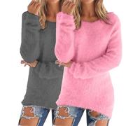 Crochet Jumper Chunky Jumpers for Women UK 2 Pieces Solid Color Warm Winter Fleece Lined Sweatshirts Long Sleeve Crewneck Ladies Soft Cozy Plush Pullover Loose Tops Cozy Fall Sweaters Plus Size S-5XL