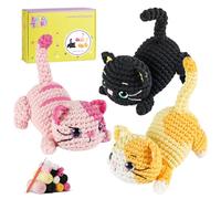 Crochet Kit for Beginners, 3 Pack Cat Amigurumi Starter Set with Guided Video & Extra Yarn, Premium Non-Split Yarn for Adults, Birthday Holiday Gift