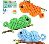 Crochet Kit for Beginners 3PCS Chameleon Crochet Kit Animal Knitting Kits Set Crochet Chameleon Kits with Step-by-Step Video Simulation Animal Crocheting Carft DIY for Unisex