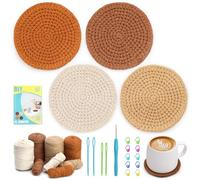 Crochet Kit for Beginners, 4 Pcs Coaster Beginner Crochet Kit with Step-by-Step Video Tutorials Crochet Hook Yarn, Complete Crochet Starter Kit for DIY Knitting Home Deco