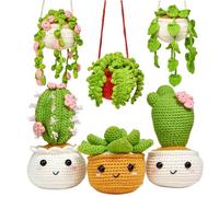 Crochet Kit for Beginners, Hanging Potted Plant Crochet Starter Kits with Step-by-Step Video Tutorials, DIY Craft Kits Amigurumi Knitting Supplies, 6pcs Succulents Cactus Monstera Plant Family