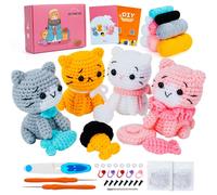 Crochet Kit for Beginners with Step-by-Step Video Tutorials, Learn to Crochet Kits for Adults and Kids, 4 PCS Cat with Hat, Toy, Fish Set