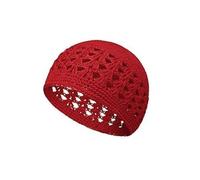Crochet Knit Beanie Hat, Royal Blue Abba Style, Breathable Open Weave Design, Women's Head Covering (Red)