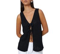 Crochet Knitted Vest for Women Vintage Y2K V Neck Cross Tie-up Front Cardigan Retro Crochet Knit Tank Vest (Black, L)