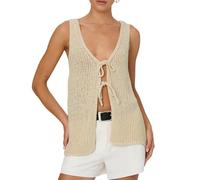 Crochet Knitted Vest for Women Vintage Y2K V Neck Cross Tie-up Front Cardigan Retro Crochet Knit Tank Vest (Apricot, M)