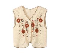 Crochet Knitted Waistcoats For Women, Ladies Boho Waistcoat Floral Pattern Sleeveless V-Neck Cardigan Button Down Hippie Casual Outwear Beige One Size