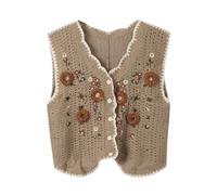 Crochet Knitted Waistcoats For Women, Ladies Boho Waistcoat Floral Pattern Sleeveless V-Neck Cardigan Button Down Hippie Casual Outwear Khaki One Size