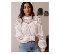 Crochet Lace Detail Long Sleeve Blouse- White Blouses Everyday The Label White XL