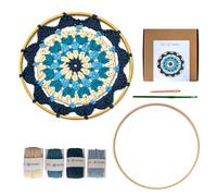Crochet Mandala Kit 8 Or 10 Inch Bamboo Hoop Premium 100% Cotton Yarn Crochet Hook Step By Step Printed Pattern QR Video Tutorial DIY Gift For Beginners Handmade Relax (dark blue wave, 8 inch)