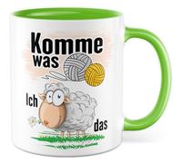 Crochet Mug with Saying - Gift Komme Was Wolle - ich Schaf das - Coffee Mug 330 ml Ceramic - Knitting Accessories Colleague Girlfriend Gift Idea Funny Tea Cup Coffee Mug