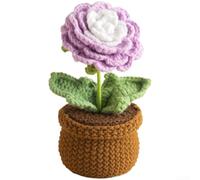 Crochet Potted Flower, 17cm Hand-Knitted Peony, Milk Cotton Artificial Plant, Realistic Weaving Decor, Vibrant Home Office Desk(Purple)