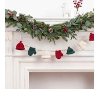 Crochet Red Green White Christmas Hat Gloves Garland with Wooden Beads | 6.56 ft Farmhouse Rustic Handmade Banner, Mantel Fireplace Wall Door Window Decor, Holiday Hanging Decoration for Home Room