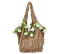 Crochet Rose Handbag - Handmade Knitted Tote Shoulder Bag with 3D Flower Beach Bag Casual Totes for Women, Khaki, One Size