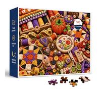 Crochet Sewing Basket 500 Piece Jigsaw Puzzle for Adults, Colorful Yarn Craft Table with Embroidery Hoop, Quilt Squares, Buttons, Spools, Pincushion Pumpkin, Scissors and Floral Handmade Textures