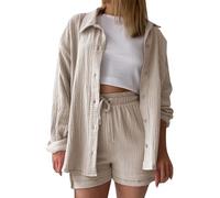 Crochet Short Set, Linen Co Ord Sets for Women Shorts Button Down Shirts Top Holiday Vacation Two Piece Beach Outfit Summer Tracksuit Ladies Loose Lounge Set Streetwear Loungewear UK