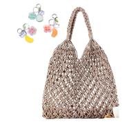 Crochet Shoulder Bags For Women Drawstring Cotton Rope Travel Beach Fishing Net Handbag Shopping Woven(Grey)