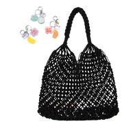 Crochet Shoulder Bags For Women Drawstring Cotton Rope Travel Beach Fishing Net Handbag Shopping Woven(Black)