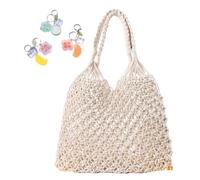 Crochet Shoulder Bags For Women Drawstring Cotton Rope Travel Beach Fishing Net Handbag Shopping Woven(White)