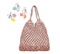 Crochet Shoulder Bags For Women Drawstring Cotton Rope Travel Beach Fishing Net Handbag Shopping Woven(Pink)