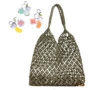 Crochet Shoulder Bags For Women Drawstring Cotton Rope Travel Beach Fishing Net Handbag Shopping Woven(Green)