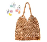 Crochet Shoulder Bags For Women Drawstring Cotton Rope Travel Beach Fishing Net Handbag Shopping Woven(Brown)
