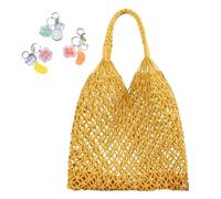 Crochet Shoulder Bags For Women Drawstring Cotton Rope Travel Beach Fishing Net Handbag Shopping Woven(Yellow)