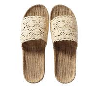 Crochet Slippers for Women Flax Sandals Wide Fit Flat Sandals Non-Slip Linen Slides Backless Slip On Flip Flops Open-Toe Breathable House Sliders Bamboo Beach Casual Vacation Shoes (Beige, 6)