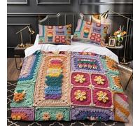 crochet squares 3D Printing Comforter Cover 3-Piece Premium Microfibre Stain-Resistant handmade textile patterns Quilt Cover 2 Pillow Shams Zippered Closure Bed Ensemble Family & Guests (135x200cm)