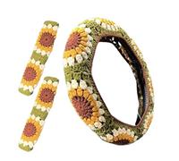 Crochet Steering Wheel Cover, Embroidered Flower Pattern S-teering W-heel C-over with 2 Seat Belt Covers, Boho Non-Slip Car S-teering W-heel C-over Univer-sal 4 Season Decorative Car Accessories
