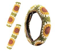 Crochet Steering Wheel Cover Embroidered Flower Pattern Steering Wheel Cover with 2 Seat Belt Covers Non-Slip Universal 4 Season Decorative Car Accessories, Car Steering Wheel Covers