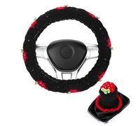 Crochet Steering Wheel Cover Set,Cute Car Boho 14-15in,Pink Strawberry Granny Square Pattern,Hippie Women Accessories Protect the steering wheel