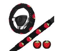 Crochet Steering Wheel Cover Set,Cute Car Boho 14-15in,Pink Strawberry Granny Square Pattern,Hippie Women Accessories Protect the steering wheel