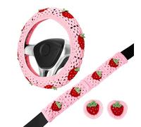 Crochet Steering Wheel Cover Set,Cute Car Boho 14-15in,Pink Strawberry Granny Square Pattern,Hippie Women Accessories Protect the steering wheel