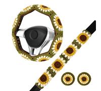Crochet Steering Wheel Cover Set,Cute Car Steering Wheel Cover Boho 14-15in,Handmade Sunflower Granny Square Pattern Gift for Women Car Accessories for Vehicles (Wheel Cover Set), HZYZW-76